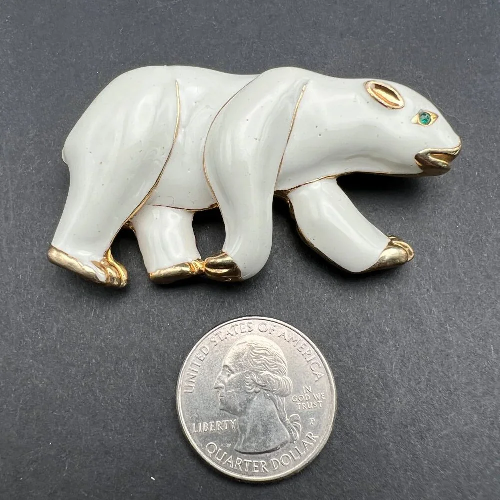 Vintage Enamel Bear Brooch Gold Tone Accents Green Crystal Eye‎ Pin
